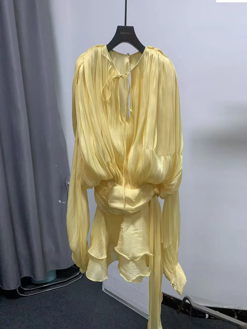 VelviChic™ Elegant Splice Lace-Up Dress – Long Sleeve, Round Neck, Flowy Fit with Feminine Patchwork Detailing