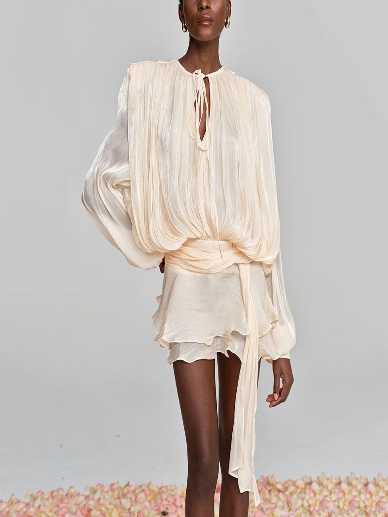 VelviChic™ Elegant Splice Lace-Up Dress – Long Sleeve, Round Neck, Flowy Fit with Feminine Patchwork Detailing