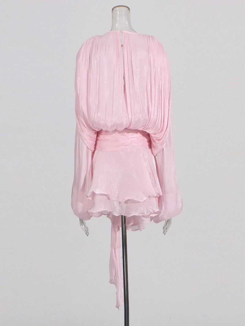 VelviChic™ Elegant Splice Lace-Up Dress – Long Sleeve, Round Neck, Flowy Fit with Feminine Patchwork Detailing