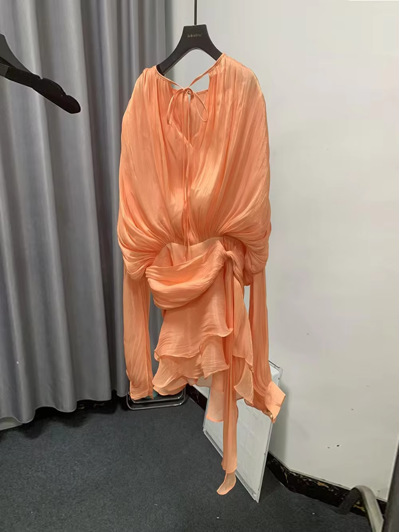 VelviChic™ Elegant Splice Lace-Up Dress – Long Sleeve, Round Neck, Flowy Fit with Feminine Patchwork Detailing