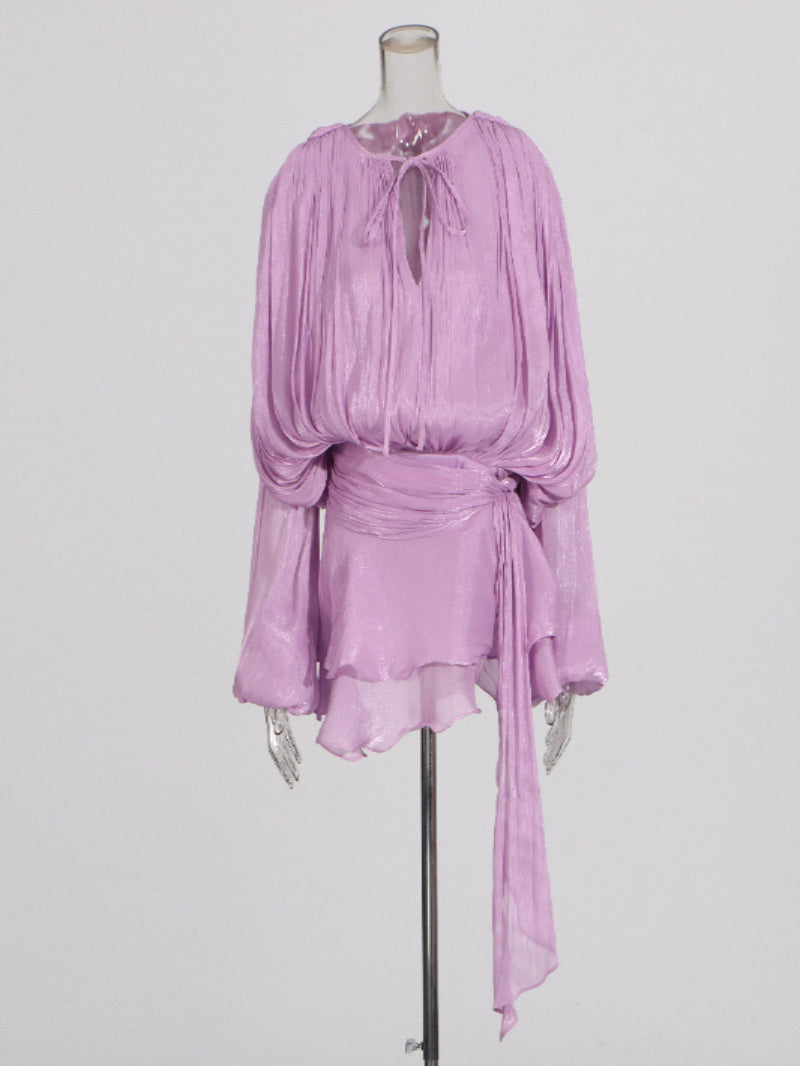 VelviChic™ Elegant Splice Lace-Up Dress – Long Sleeve, Round Neck, Flowy Fit with Feminine Patchwork Detailing