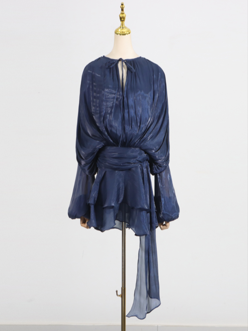 VelviChic™ Elegant Splice Lace-Up Dress – Long Sleeve, Round Neck, Flowy Fit with Feminine Patchwork Detailing