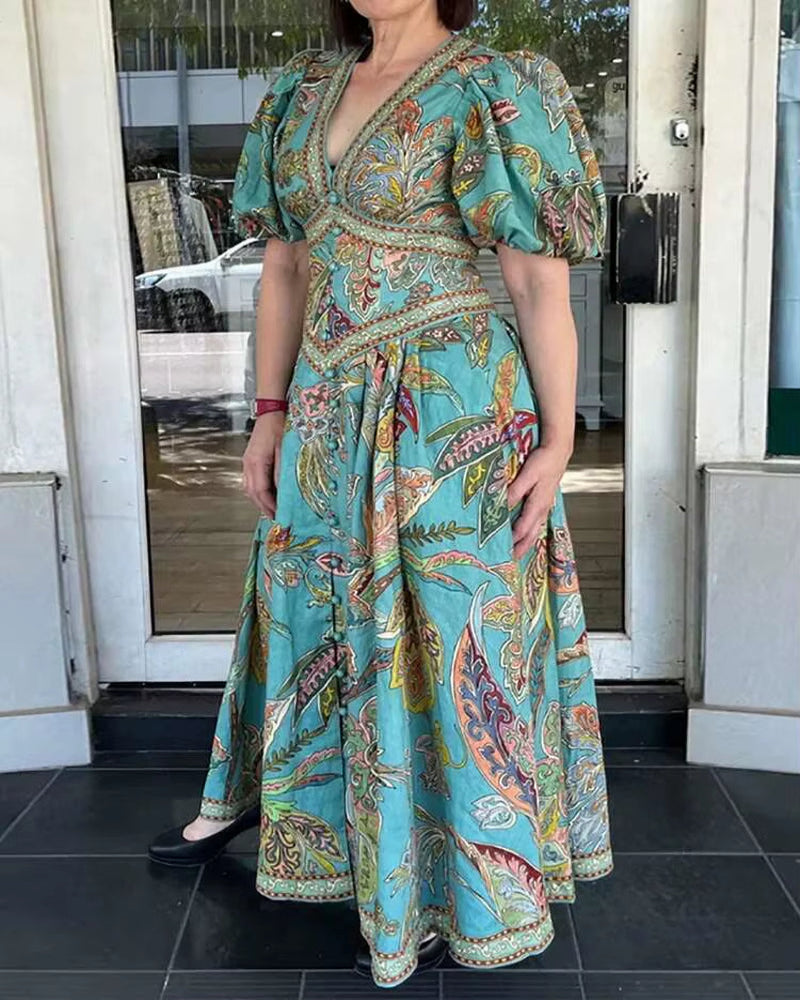 Timeless Grace: Vintage Lantern Sleeve V Neck Maxi Dress