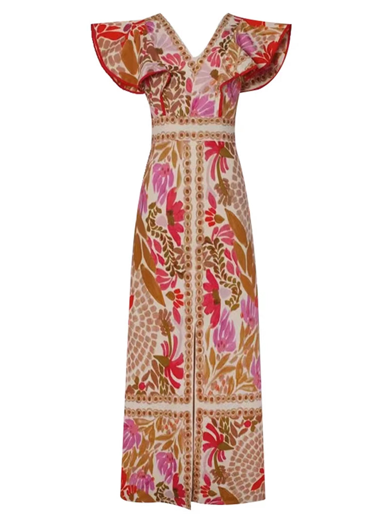 2025 Summer Backless Print Dress for Women – Sexy V Neck Long Dress with Butterfly Sleeves and Split