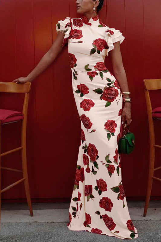 Breezy Elegance: Summer Ruffled Short Sleeved Slim Long Dress