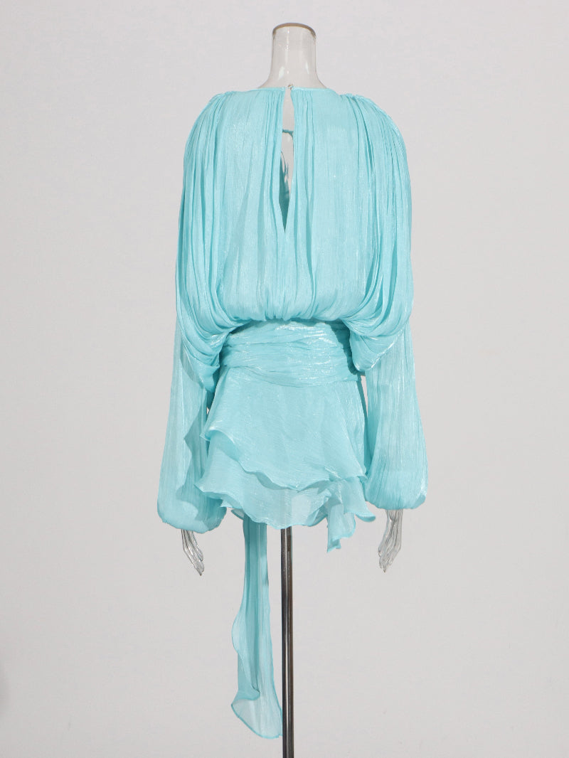 VelviChic™ Elegant Splice Lace-Up Dress – Long Sleeve, Round Neck, Flowy Fit with Feminine Patchwork Detailing