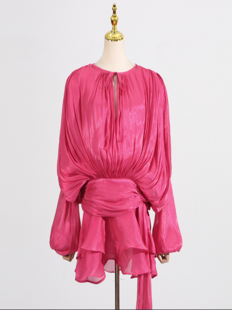 VelviChic™ Elegant Splice Lace-Up Dress – Long Sleeve, Round Neck, Flowy Fit with Feminine Patchwork Detailing