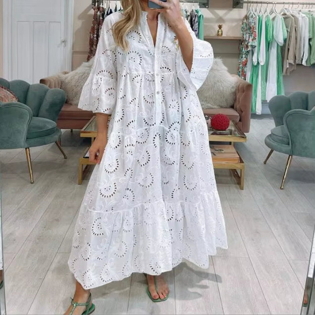 Lace Breeze: White V-Neck Hollow Lace Long Dress