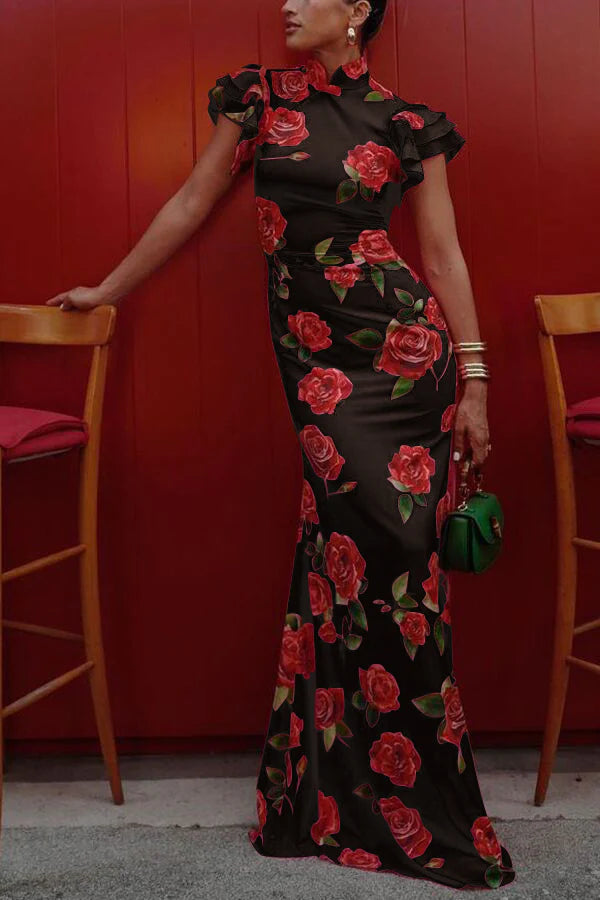 Breezy Elegance: Summer Ruffled Short Sleeved Slim Long Dress